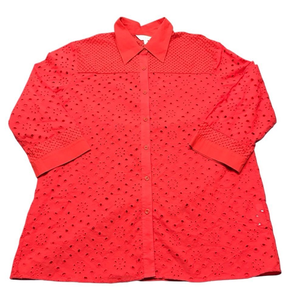 NWT Adiva Womens Size Large Blouse Red Cotton Eyelet Long Sleeve New